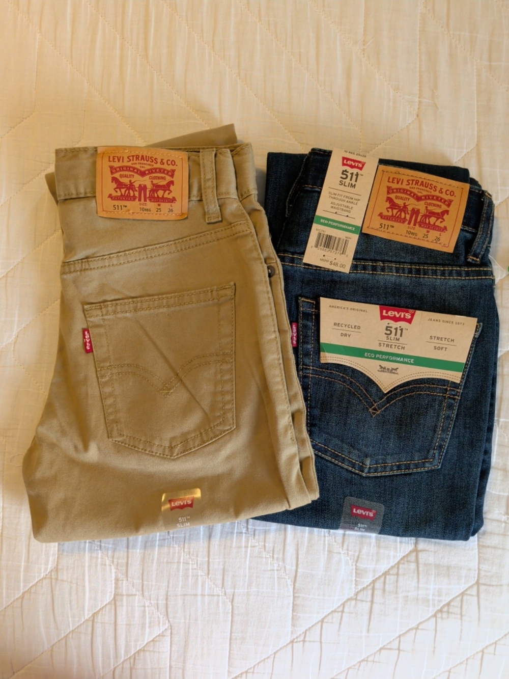 2 Pair Levi's Kids Jeans — Tan and Dark Blue Denim